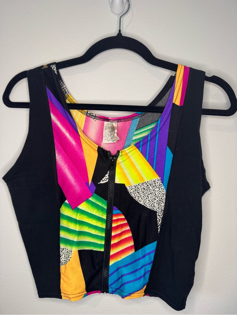 Vintage Rainbow Sportswear Neon Geometric Zip Front Crop Top Tank USA Made Sz L